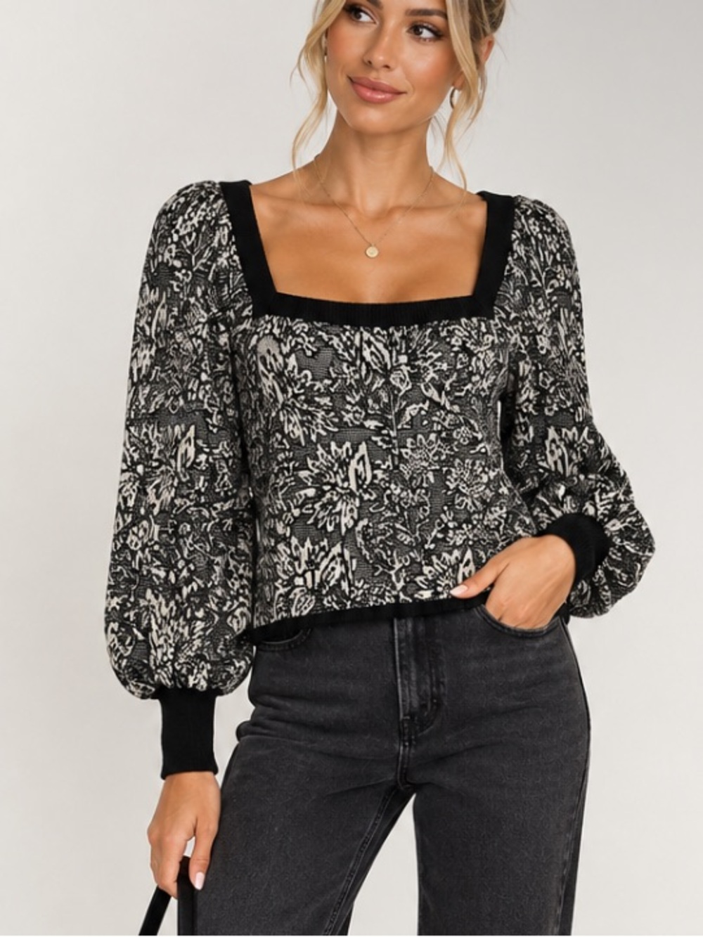 Saltwater Luxe L Square Neck Sweater Puff Shoulder Bishop Sleeve Floral Texture